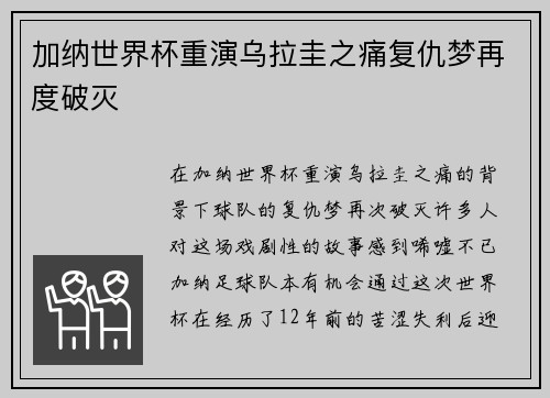 加纳世界杯重演乌拉圭之痛复仇梦再度破灭