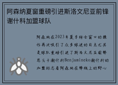 阿森纳夏窗重磅引进斯洛文尼亚前锋谢什科加盟球队