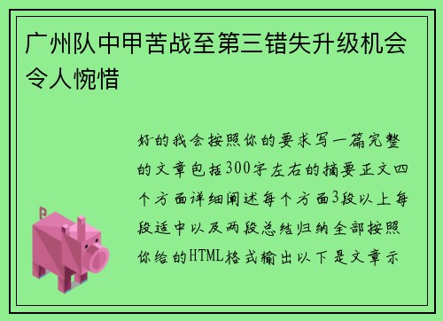 广州队中甲苦战至第三错失升级机会令人惋惜