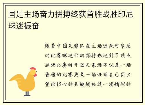 国足主场奋力拼搏终获首胜战胜印尼球迷振奋