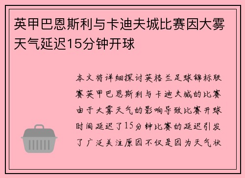 英甲巴恩斯利与卡迪夫城比赛因大雾天气延迟15分钟开球