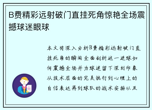 B费精彩远射破门直挂死角惊艳全场震撼球迷眼球