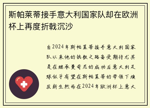 斯帕莱蒂接手意大利国家队却在欧洲杯上再度折戟沉沙 斯帕莱蒂接手意大利国家队却在欧洲杯上再度折戟沉沙